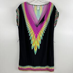 Trina Turk Women's Black Plumas Short Sleeve Relaxed Tunic Mini Cover Up Medium